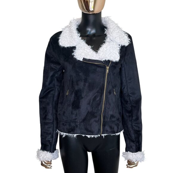 CAGE Black Faux Suede Sherpa Moto Jacket Women's Size M Asymmetrical Zip - Picture 2 of 11